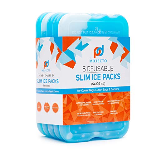 Ice Pack (Set of 5) Large Leak-Proof, Slim, Reusable, Freezer-Safe, Long-Lasting for Cooler Bags, Lunch Bags and Lunch Box. Keep Food and Drinks Cold for Hours.