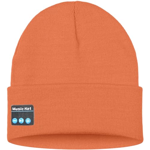 ATNKE LED Lighted Bluetooth Beanie Hat,USB Rechargeable 4 LED Wireless Music Running Headlamp Cap Gift for Men and Women - color: #Bright Orange