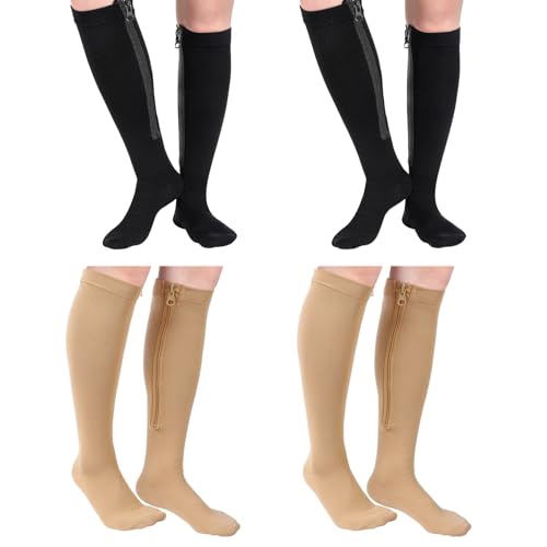 Tarpop 4 Pair Zipper Compression Socks for Women Men - color: Nude, Black, size: L/ XL