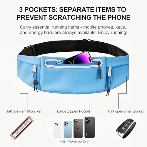 Running Belt Fanny Pack:3 Pocket Waist Bag for Men Women Workout Exercise Fitness Phone Holder Fits All Phones - Runner Marathon Jogging Race Belt with Bib Clip (Blue) - color: Blue