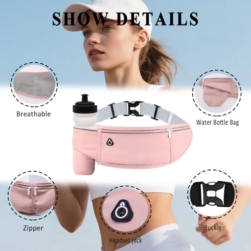 Fanny Pack with Water Bottle Holder, 3 Pocket Hydration Running Belt for Phone Pouch Hiking Walking Runners GYM Sports Travel Hip Bum Bags, Crossbody Slim Waist Bag for Women Girls Kids Pink - color: 02-Pink