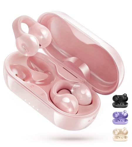 Kinglucky i21 Open Ear Clip On Earbuds Wireless Bluetooth Ear Clip Headphones with Mic,Noise Cancelling, Waterproof IPX4,for Small Ears,Perfect for Running,Sports,Glasses Wearers (Pink) - color: Pink