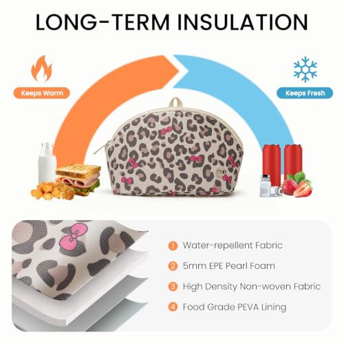 MEXS Small Cooler Bag, Freezable Snack Bag for Kids & Adults, Small Insulated Lunch Bag with Upgraded Thicker Ice Pack, Reusable Mini Cooler for Work/School/Travel - color: Leopard Bow