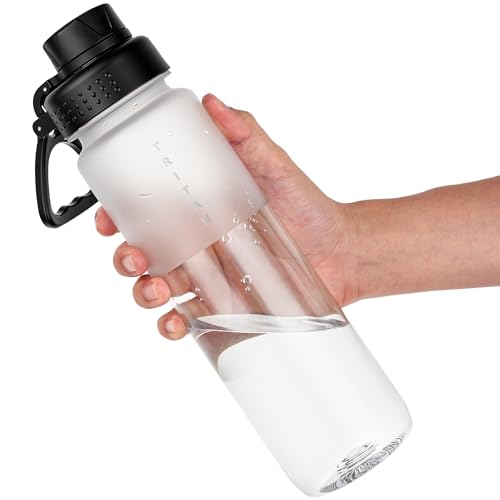 OLDLEY 32 oz Water Bottle with Handle, BPA-Free Tritan Reusable Sports Water Bottle with Leak-Proof Dust Lid, Wide Mouth, Cup Holder Friendly, Half Frosted Clear Bottle for Gym, Travel, Work,Clear - color: Clear