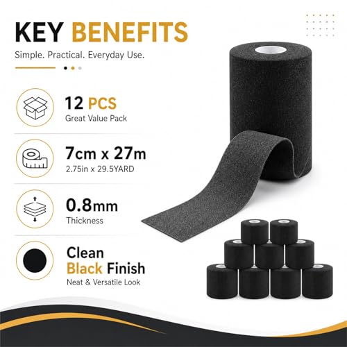 12 Pcs Foam Pre Wrap Athletic Tape 2.75" x 30 Yards Black Breathable PU Foam Sports Wraps for Running, Hiking, Hair Protection, Ankle, Wrist & Knee Support Lightweight Pre Wrap Tape