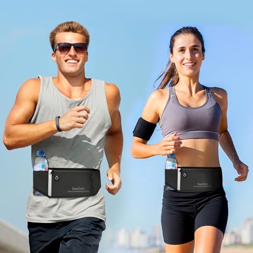 SooGree Slim Running Belt Fanny Pack, Resistant Waist Pack Money Belt Bag for Hiking Cycling Workout, Gym Phone Holder with Adjustable Strap (Black) - color: Black