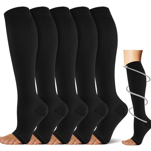 Compression Socks for Women&Men 20-30mmHg Graduated Knee High Stocking - color: 01-5 Pairs Open Toe Black, size: Large-X-Large