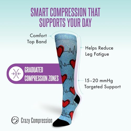Crazy Compression Over-the-Calf Socks with Fun Designs - color: Heart Station Blue (Wide), size: Large-X-Large