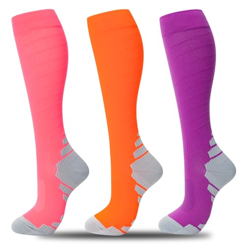 fenglaoda 3 Pairs Compression Socks for Women & Men Knee High Nurse Pregnant Cute Medical Running Travel Athletic - color: 00-3pairs-20, size: Large-X-Large
