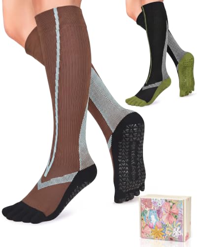 Compression Socks with Grips for Women Toe Pilates Socks Grippy Socks Woman Hospital Non Slip for Pregnancy Nurse - color: A03-Five Toe-Black/Coffee