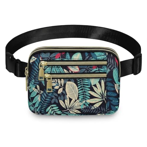 Fanny Packs for Women cross body bags, Waist Pack with Adjustable Strap - color: B-Blue Leaves, size: Double Layer