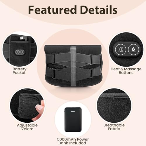 Cordless Heat Pads with Massage for Back Pain Relief, Portable Heated Belt for Lower Back with 3 Heat Levels & 3 Vibration Modes, 5000mAh Rechargeable Heated Back Support with Adjustable Strap