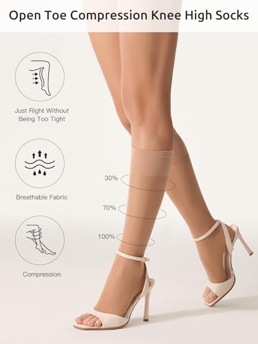 Yilamy 8-10 mmHg Open Toe Compression Socks, Sheer Knee High Women 3 Pairs - color: 3 Pairs Natural, size: Medium-Large