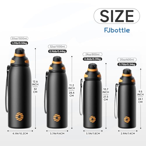 FJbottle 50oz Stainless Steel Insulated Water Bottle No Straw Spout Lid - color: Classic Black, size: 50 Ounces