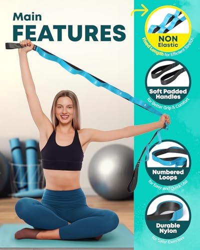 Stretching Strap with Loops - Non Elastic Yoga Strap for Physical Therapy - style: 12 Loops - Blue