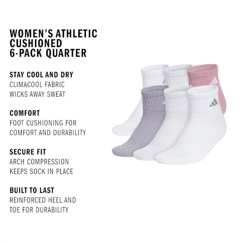 adidas Women's Athletic Cushioned Quarter Ankle Socks 6 Pairs - color: Magic Mauve Purple/White/Clear Onix Grey