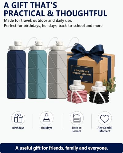 BEAUTAIL Collapsible Water Bottles 21oz/610mL, Silicone Travel Water Bottle - color: Dark Blue