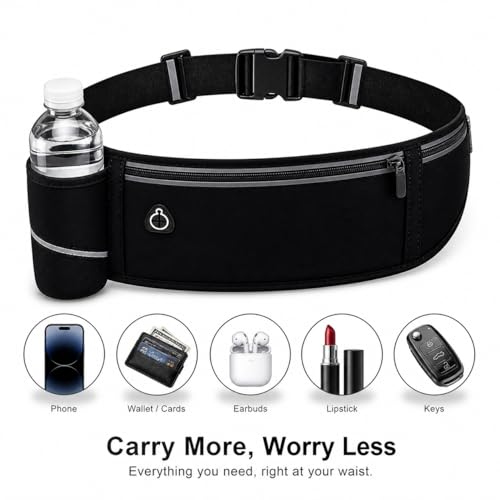Slim No-Bounce Running Belt - Waterproof Exercise Waist Pack for Marathons, Hiking & Dog Walking - Hidden Travel Money Belt for Phones - color: Black(Bottle Holde)