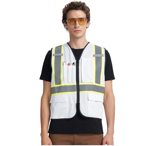 A-KSAFETY High Visibility Safety Vest for Men Women with Pockets and Zipper - color: White, size: 5X-Large