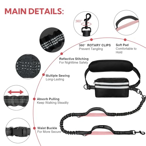 Hands Free Dog Leash for Two Dogs Walking,Running - color: Black/Pink, size: Large