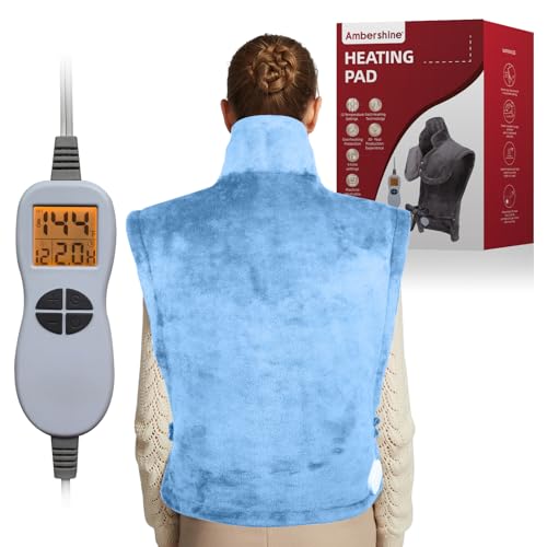 Ambershine 26"x35" XXXL King Size Neck& Shoulder& Back Heating Pad with 12 Temperature Settings& 4 Auto-Off Countdown Timers, Pain Relief for Back/Neck/Shoulder(Light Blue) - color: 03-light Blue