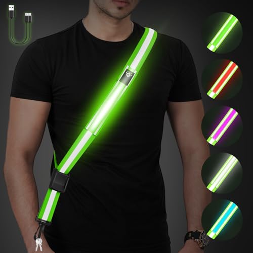 Fitense LED Reflective Belt Sash - 5 Lights Colors & 3 Light Modes High Visibility Night Safety Belt, Rechargeable Light Up Running Gear Adjustable Vest Straps for Runners Walkers Men Women - color: Green, style: Classic