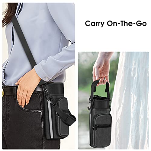 CaseBot Water Bottle Carrier Bag Sling Case, Sports Water Bottle Pouch Holder Sleeve with Adjustable Shoulder Hand Strap and 2 Pockets for Men Women Hiking Camping Travelling - color: Black