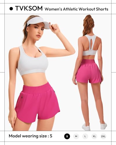 TVKSOM Womens Athletic Shorts High Waisted with Liner 2 Zipper Pockets - color: 3pack Black,greyish Blue,hot Pink, size: XX-Large