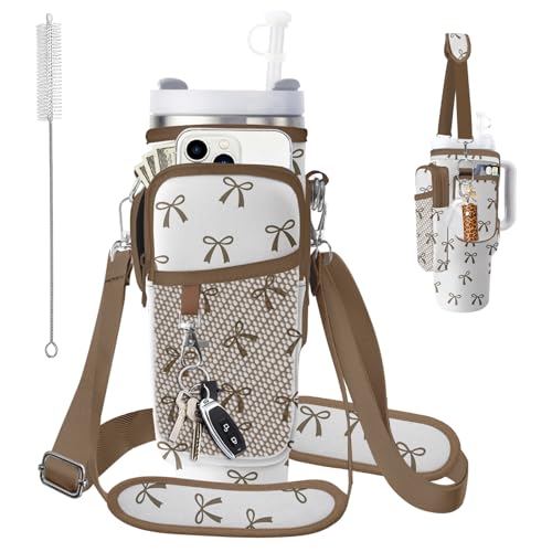 Water Bottle Carrier Bag for Stanley 40/30oz Cup Tumbler with Phone Pocket,Insulated Crossbody Water Bottle Holder with Adjustable Strap,Water Bottle Sling Pouch for Hiking Walking Camping Accessories - color: Brown Bow Tie