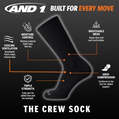 AND1 Mens Athletic Crew Socks 24 Pack Cushioned Comfort Socks - color: Heather Gray/Black
