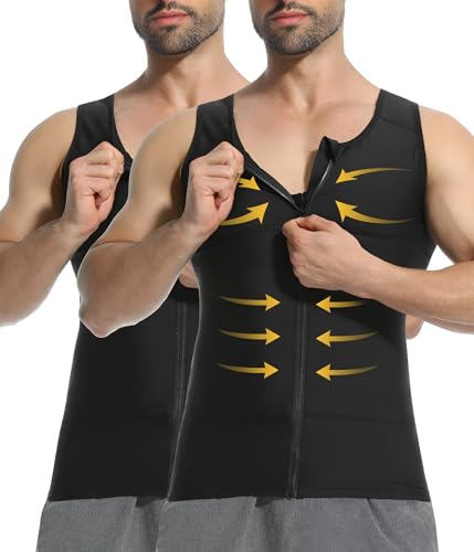 Mens Compression Shirt Zipper, Gynecomastia Tummy Control Vest, Back Support Shapewear Slimming Undershirt - color: 2 Pack Black, size: Large