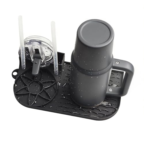 Bottle Drying Rack for Stanley, Water Bottle Drain Pad for Owala Thermos Cups, Space Saving Drainer Stand Mat, Silicone Kitchen Counter Racks, Small Tumbler Drainer (Black) - color: Black