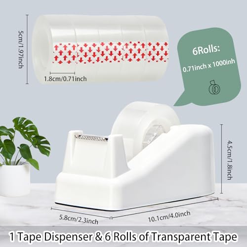 Tape Dispenser Desk,Desktop Tape Dispenser, Tape Dispenser with Weighted Non-Skid Base, Includes 6 Rolls Transparent Tape (0.71" x 1000"),Heavy Duty Tape Holder for Office, Home, School(White) - color: White