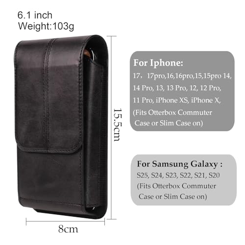 Belt Phone Holster with Clip Compatible with iPhone 17/16/15/14/13/12/11/XS, Galaxy S25/S24/S23/S22/S21, PU Leather Belt Phone Pouch Belt Case Waist Bag ID Card Pouch Protective Cover for Men, Black - color: L(15.5*8*2 CM), size: Black