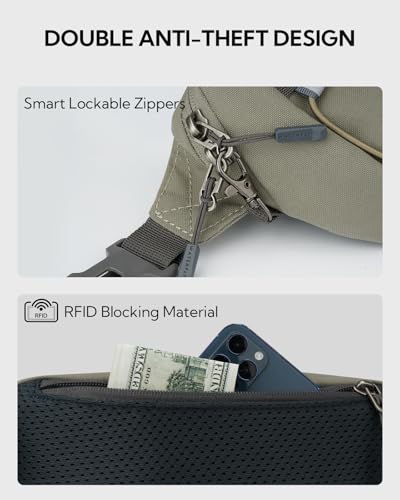 WATERFLY Small Fanny Pack RFID Blocking Travel Hiking Crossbody Waist Bag - color: Gray-Green