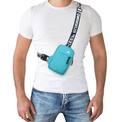 Peicees Mini Crossbody Sling Bag Chest Bag Dual Pocket Water Resistant Fanny Pack Running Phone Holder for Men Women Workout Travel, Lake Blue - color: Lake Blue