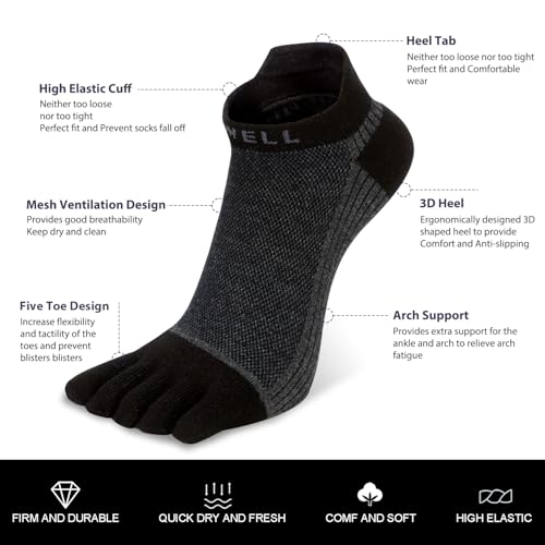 VWELL Cotton Toe Socks Five Finger Socks No Show Crew Athletic Running Socks 4 Pairs,Size 7-11 - color: Black