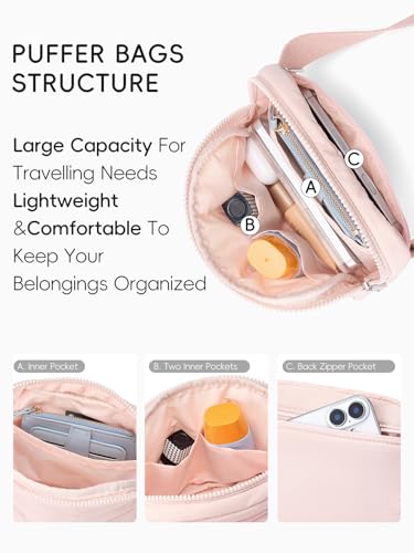 WESTBRONCO Puffer Fanny Packs for Women Quilted Nylon Waterproof Belt Bag with 2 Zipper, Puffy Crossbody Bag with Adjustable Strap, 1L Waist Bag for Travel Daily - color: Pink-25