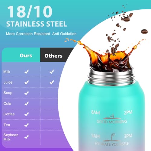 SLUXKE 17oz Insulated Water Bottle with handle BPA Free, 316 Stainless Steel Water Bottles 500ml with Time Marker Double Walled, Metal Water Flask Jug for Hiking, Biking, Running, Three Colors - color: GREEN PINK PURPLE, size: 17 Ounces