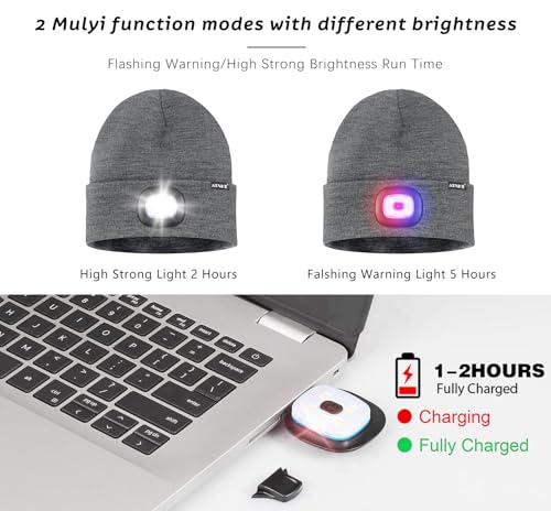 ATNKE LED Lighted Beanie Hat,USB Rechargeable 4 LED Red and Blue Flashing Running Headlamp Cap Gifts for Men and Women - color: #Grey