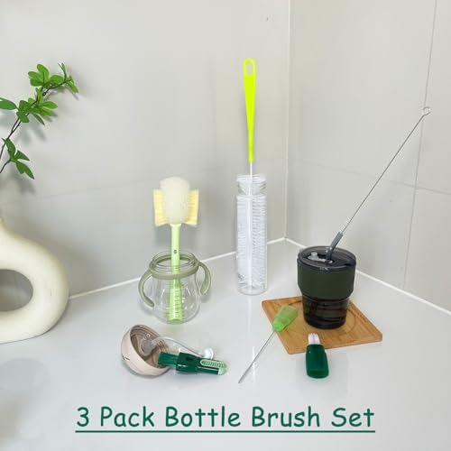 3 Pcs Water Bottle Brush Cleaner Set, 5 in one Bottle Cleaning Brush - color: White-green