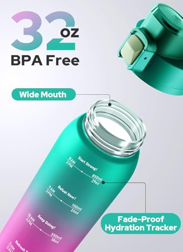 Opard Zip 32oz Plastic Water Bottle Dishwasher Safe, Leakproof Flip-Top Lid, BPA Free Tritan, Wide Mouth Reusable Sports Water Bottle for Gym Hiking Commuting Outdoor Travel and School - color: Bubblegum Cyan Pink, style: 32 Ounces