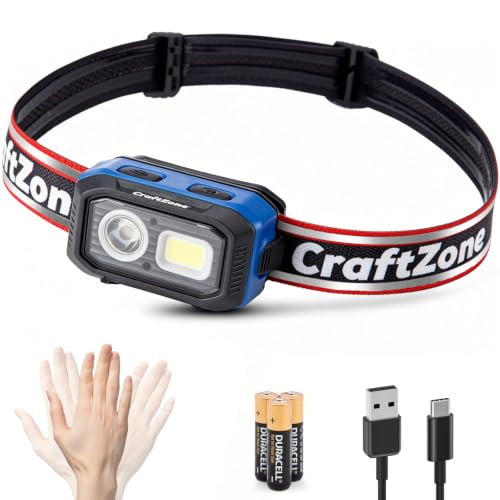 Rechargeable LED Headlamp w/Reflective Headband, 500LM USB-C Waterproof, Motion & Dimming, 4 Modes & Memory, Li-ion/AAA Dual Power, Magnetic 60° Mount for Camp Hike Work - color: Black-Blue