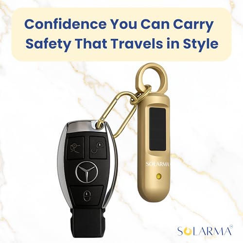 HerTime2 Personal Safety Alarm for Women - Loud Self Defense Siren, Waterproof Keychain with Strobe Light - Solar Rechargeable, Gold - color: Gold, style: Solar Rechargeable