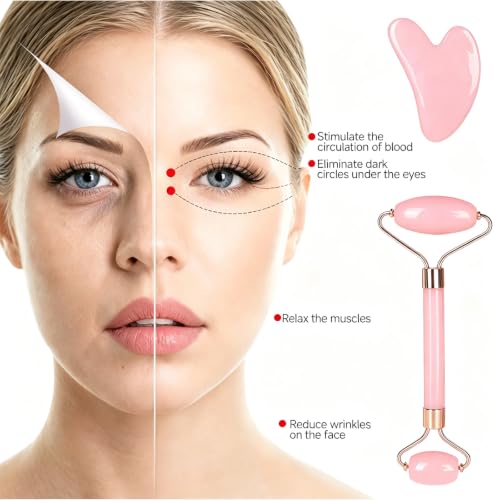 Skincare Tools Set with Face Cleansing Brush, Ice Face Roller & Gua Sha Set - color: Pink