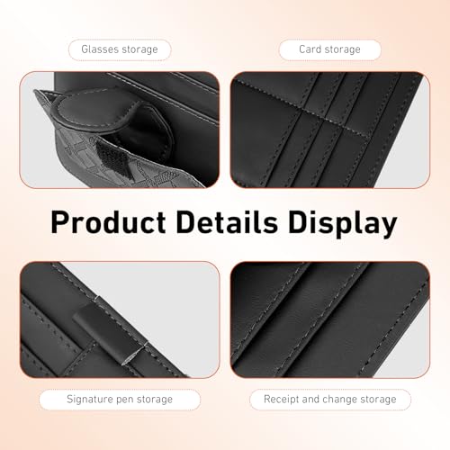 Car Sun Visor Organizer, Leather Strap-on Multi-Pocket Visor Storage Pouch for Sunglasses Card License Pen, Universal Car Interior Organizer Accessories (Black)