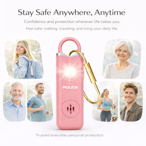 Police Personal Safety Alarm 130dB Rechargeable Emergency Self Defense Keychain with LED Flashlight & SOS for Women, Men, Kids & Seniors, Pink