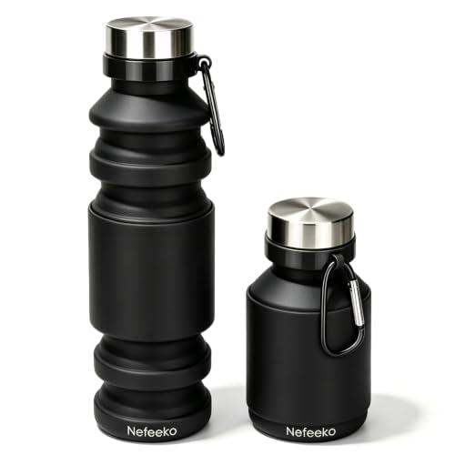 Nefeeko Collapsible Water Bottle, 18floz Reuseable BPA Free Silicone Foldable Bottles for Travel Gym Camping Hiking, Portable Leak Proof Sports Water Bottle with Carabiner - color: Black-18oz