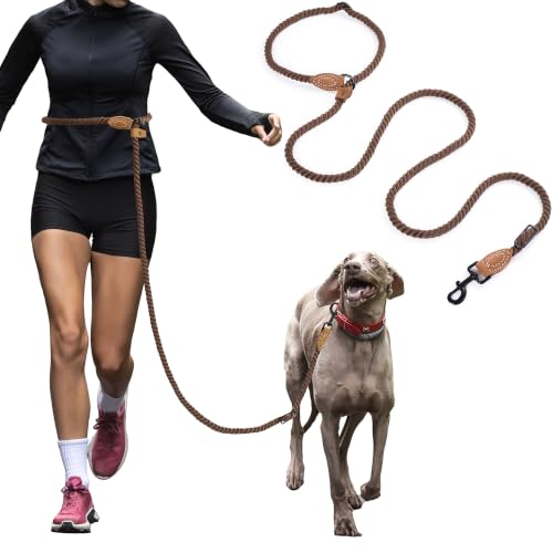 Mile High Life Hands Free Dog Leash, Crossbody Waist Leash with Genuine Leather Connection, Multifunctional Adjustable Slip Lead for Dog Walking Running (Dark Brown, 7FT) - color: Dark Brown, size: 7FT Hands Free