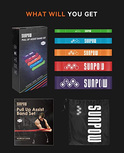SUNPOW Pull Up Assistance Bands Set of 5 Resistance Heavy Duty Workout Exercise Stretch Fitness Bands Assist Set for Body, Instruction Guide and Carry Bag Included - color: Multicolor（5-145lbs）